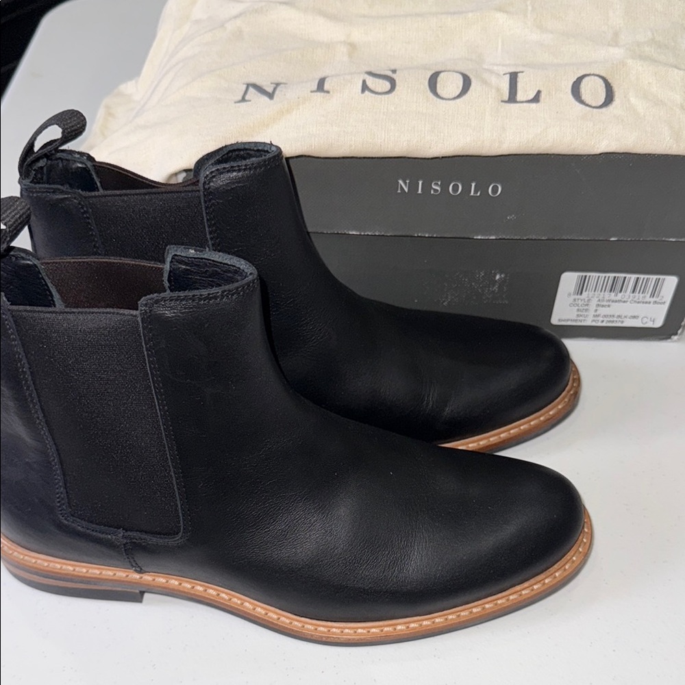 Nisolo Black All Weather Chelsea Boots with Elastic Panels and Tan Sole